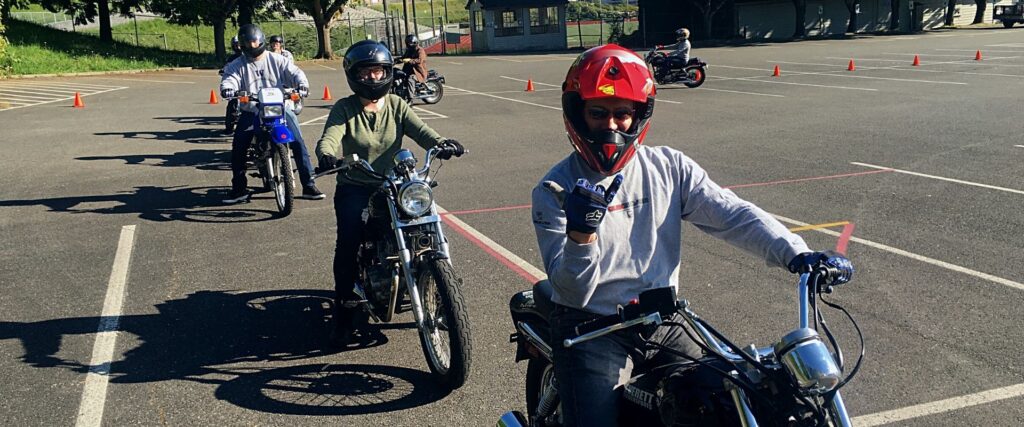 motorcycle students lined up waiting to take their endorsement test