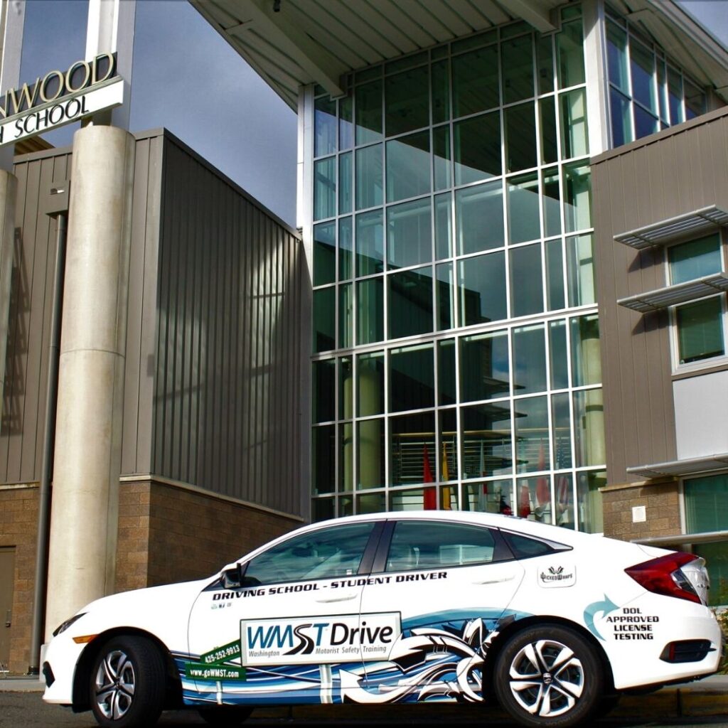 drivers education car sitting in front of lynnwood high school in lynnwood washington